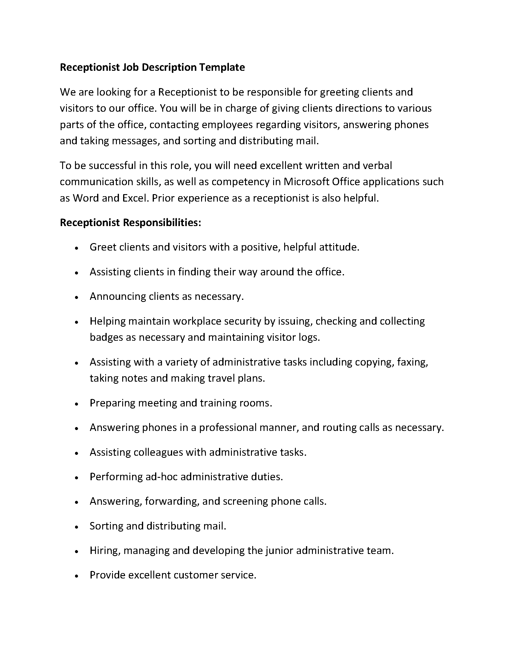 Receptionist Job Description Template